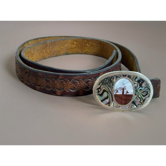 Vintage Mexican Tooled Silver & Abalone Women’s Belt Sz 28 Western Boho Artisan - Picture 1 of 15